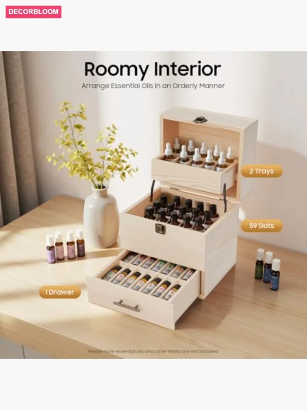 3-Tier Wooden Essential Oil Storage Box with 59 Slots